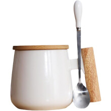 Keramik-Milchbecher mit Holzgriff, Deckel und Löffel, schlichtes Design, 400 ml
