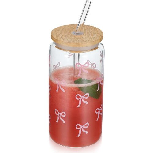 Großer Glasbecher mit rosa Schleife, hitzebeständig