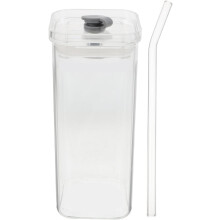 Tragbarer und wiederverwendbarer Trinkbecher, 350 ml, mit Deckel und Strohhalm, quadratischer Glasbecher