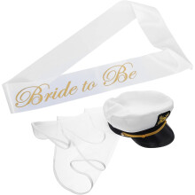 White Sailor Captain Hat for Bride with Veil and Sash, Lightweight Fabric Boater Style