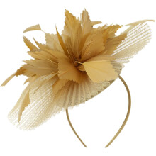 Bridal Mesh Tops Hat Headband with Plume, Gold Tea Party Headwear for Wedding and Race Day
