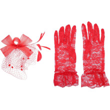 Elegante chapéu de véu nupcial e luvas com design de malha Bowknot inclui luvas de tulio sheer para ocasiões especiais vermelho