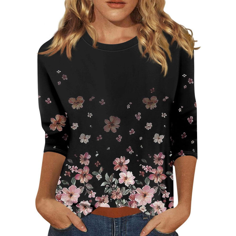 Black Women's Three-Quarter Sleeve Round Neck Casual T-Shirt- S