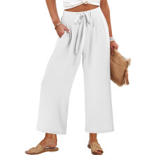 Women's Wide Leg Pants, High Waist with Belt, Business-White S