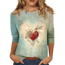 Women's Three-Quarter Sleeve Round Neck Casual-light green XXL