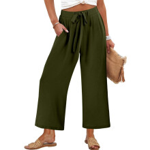 Women's Wide Leg Pants, High Waist with Belt,-Army Green S
