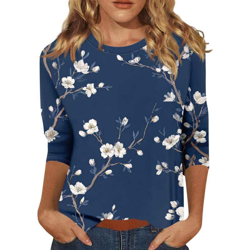 Women's Three-Quarter Sleeve Round Neck Casual-Navy Blue M