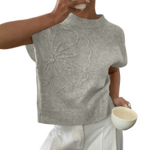 Women's Solid Color Printed Knitted Short-Sleeve Top-Silver S