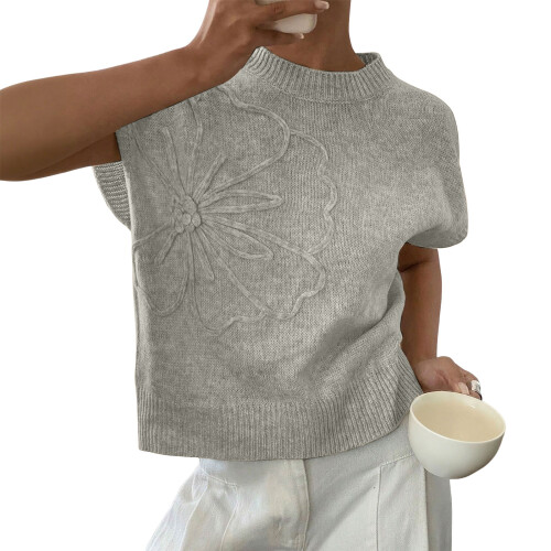 Women's Solid Color Printed Knitted Short-Sleeve Top-Silver S