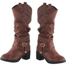 Damen-Ritterstiefel, niedriger Absatz, mittelhoch, Retro-Stil, gekreuzter Riemen mit Schnalle, Winterschuhe, Braun, Größe 43