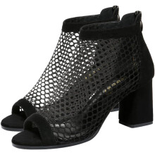 Damen-Sandalen mit Fischmaul-Design, atmungsaktiv, hohl, offener Zehenbereich, klobiger Absatz, lässige Schuhe, schwarz