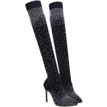 Strassbesetzte Overknee-Stiefel mit hohem Absatz für Damen, dehnbare Oberschenkelhohe Stiefel, schwarz, stylisch, rutschfest, bequemes Schuhwerk
