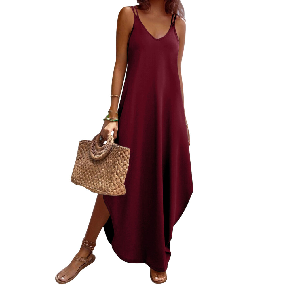 Burgundy Women's Casual Maxi Sleeveless V Neck Split Beach- M