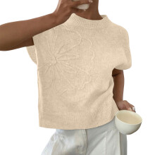 Women's Solid Color Printed Knitted Short-Sleeve Top-apricot S