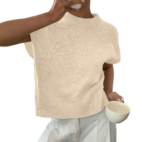 Women's Solid Color Printed Knitted Short-Sleeve Top-apricot S