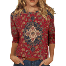 Women's Three-Quarter Sleeve Round Neck Casual T-Shirt-Red S