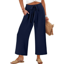 Women's Wide Leg Pants, High Waist with Belt,-Navy Blue XL