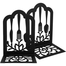 Pairo de Bookends de ferro preto com design de estilo de utensílios de mesa, suportes de livros decorativos não deformáveis