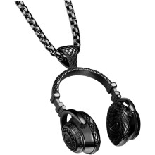 Halskette mit Anhänger in Form eines Headsets aus Titanstahl für Herren, mit schwarzer Perlenkette, Musikschmuck im Western-Stil
