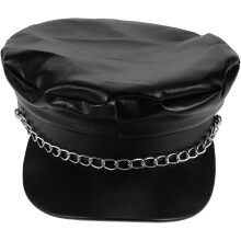 Herren Damen Marineblaue Schirmmütze Bikermütze aus PU-Material mit Kettenverzierung Unisex Flat Top Cap