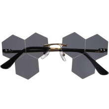 Lunettes de soleil créatives sans monture pour femmes, forme irrégulière, monture dorée et verres noirs, idéales pour les soirées.