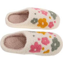 Warme Hausschuhe für Damen – Gemütliche, flauschige Winterpantoffeln aus Baumwolle mit Blumenmuster – Bequeme Hausschuhe fürs Schlafzimmer