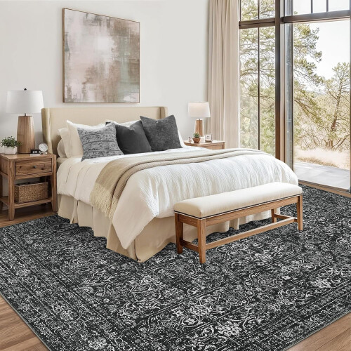 Washable Oriental Area Rug Black 5x7 ft 2