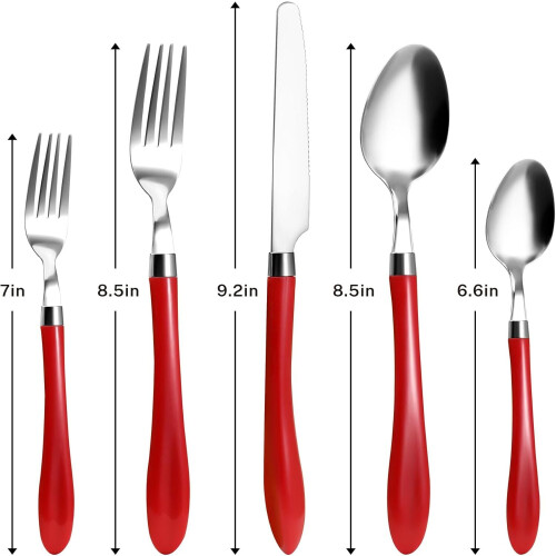 HOFTEN 20-Piece Red Handle Stainless Steel Flatware Set 2