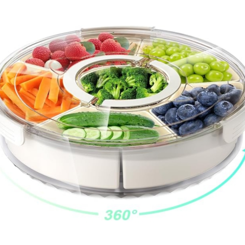Plateau à collation rotatif à 6 compartiments avec couvercle transparent