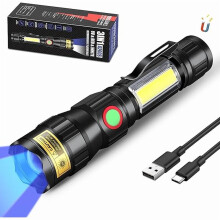 Linterna UV de 365 nm, recargable por USB-C, luz negra enfocable.