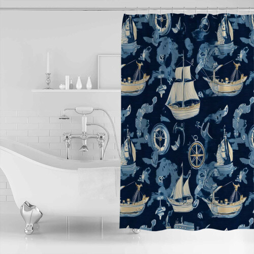 Duschvorhang mit Ozeanboot-Motiv, 152 x 183 cm, Polyester, waschbar 1
