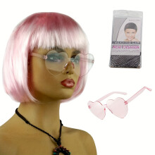 (Pink) Funny Quirky Headwear: Colored Wig   Frameless Glasses   Hair Net - Halloween Event Props