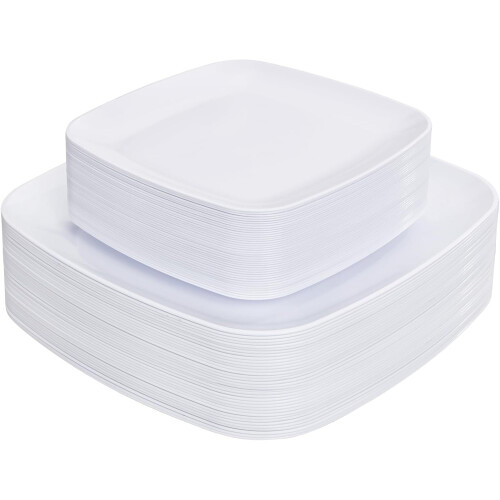 Assiettes carrées blanches en plastique jetables (64 pièces)