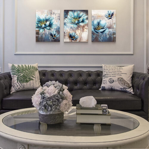 Conjunto de 3 peças de arte de parede em tela com flores abstratas azuis, 30x40cm (12x16 polegadas) 2