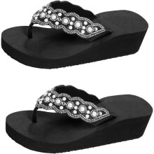 Rutschfeste Perlen-Flip-Flops für Damen, Sommerschuhe für draußen mit bequemer Keilsohle, Schwarz