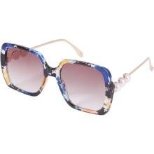 Lunettes de soleil pour femme à monture florale bleue et perles, monture carrée, verres en plastique, style extérieur.