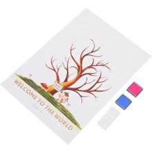Gender-Reveal-Party, Fingerabdruckbaum, Gästebuch, blaue und rosa Stempelkissen und Klebepunkte
