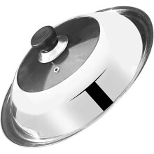 Tapa universal de acero inoxidable para sartén con mango antiescaldaduras y cubierta multifuncional de vidrio y metal.
