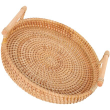 Handgeweven rond rieten serveerblad met dubbele handgrepen, multifunctioneel gebruik.