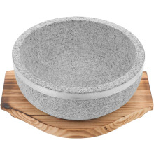 Koreanischer Steintopf, Steinschale 800 ml mit Holzuntersetzer, hält die Wärme gut, wiederverwendbar, Küchenutensil