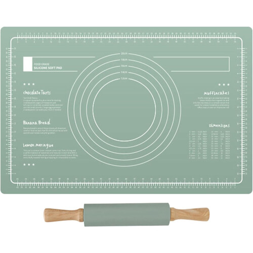 Silicone Non-Stick Pastry Mat with Wooden Rolling Pin Set, Kitchen Baking Dough Accessory Featuring