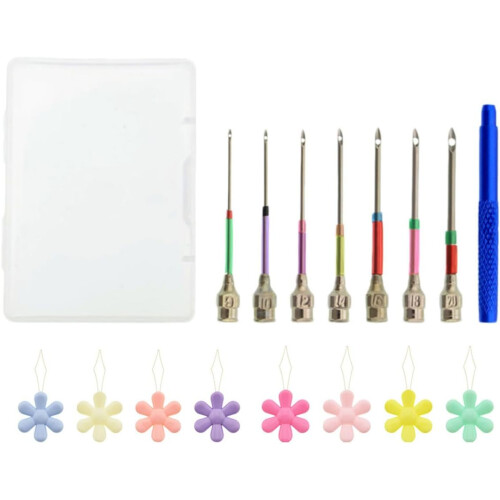 18Pcs Embroidery Punch Needle Set with Replaceable Crewel Needles and Rubber Handles Plum-Shaped Threaders
