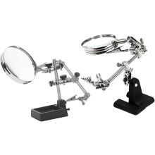 Driehands vergrootglasset met 5x extra opzetvergrootglas, dubbele klemmen en lasbeugel.