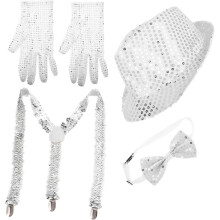 Sequin Fedora Hat with Glitter Bow Ties Gloves Stylish Bling Dance Accessory