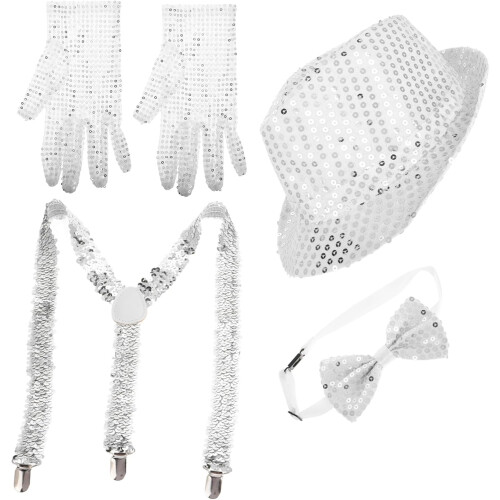 Sequin Fedora Hat with Glitter Bow Ties Gloves Stylish Bling Dance Accessory