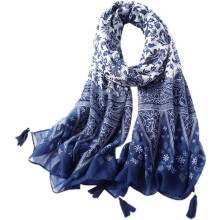 Baumwollschal mit Fransen und blau-weißem Porzellanmuster, langer Vintage-Leinenschal für Damen