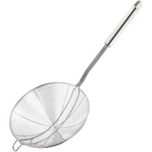 Écumoire de service en acier inoxydable avec poignée, résistante à la chaleur et facile à nettoyer, couleur argent.
