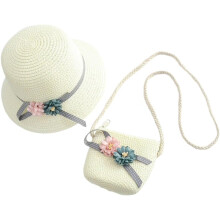 1 Strandset mit Strohhut und Umhängetasche, kleines Sommer-Strandset, weißer Strohhut mit Blumenmuster für draußen