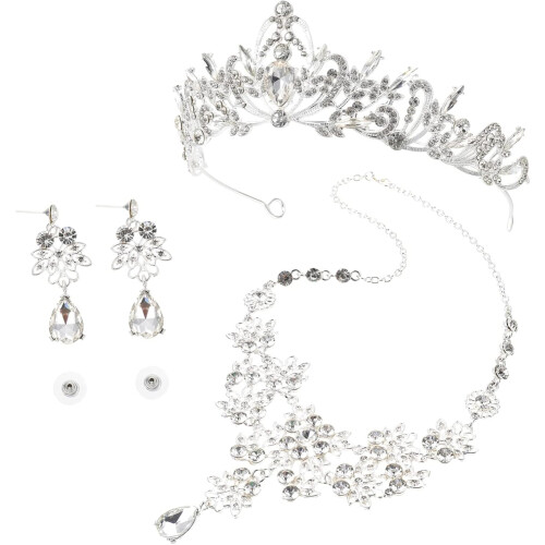 Set di gioielli da sposa per donna, composto da collana, orecchini, tiara, corona e accessorio per capelli.