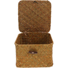 Panier de rangement avec couvercle, en matière synthétique kaki tissée à la main. Tissage fin réalisé à la main.